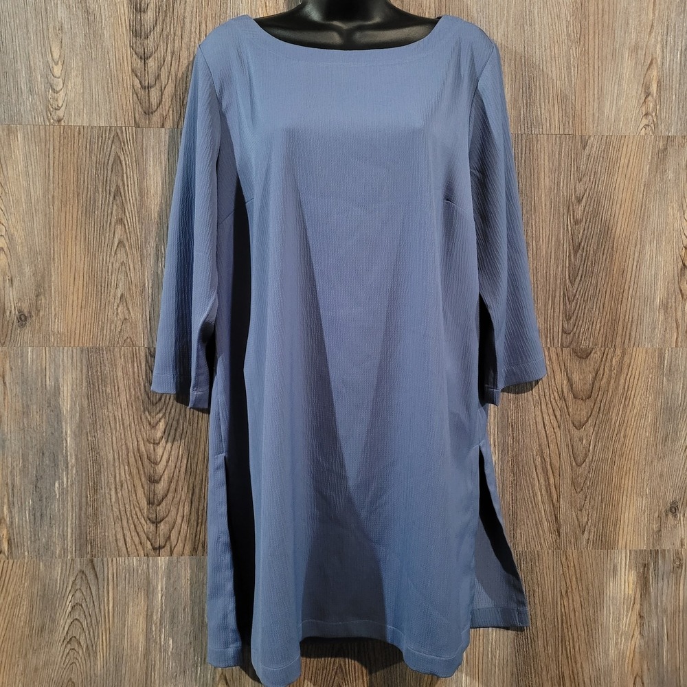 J.Jill Wearever Crinkle Shift Dress Sz M Muted Blue Boat Neck 3/4 Slv Slits